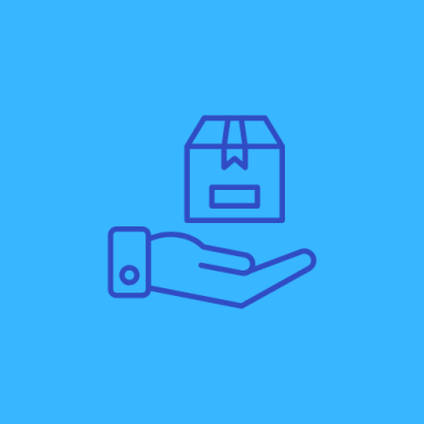 Consolidated supply Line drawing of a hand holding a rectangular package on a blue background.
